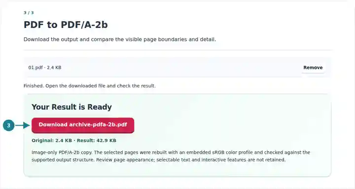 PDF to PDF/A-2b: completed image-only archival document.