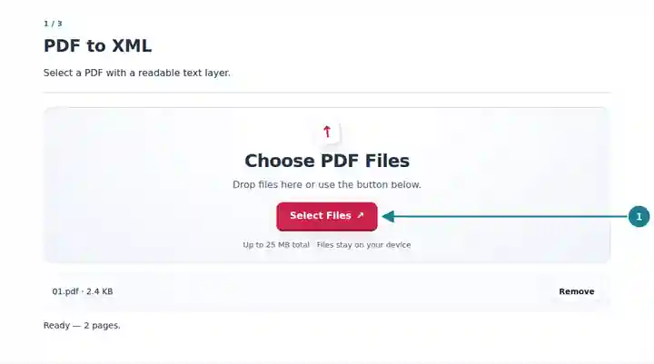 PDF to XML: selecting a source PDF.