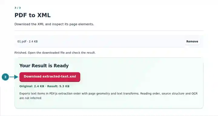 PDF to XML: completed XML export download.