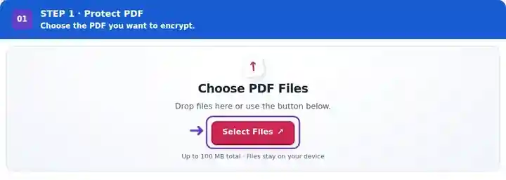 Protect PDF, step 1: Choose the unencrypted PDF you want to protect.