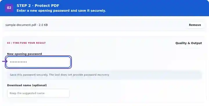 Protect PDF, step 2: Enter and securely retain the new opening password.