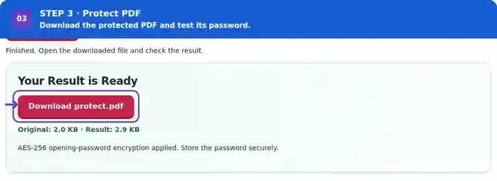Protect PDF, step 3: Download the protected copy and test its password prompt.