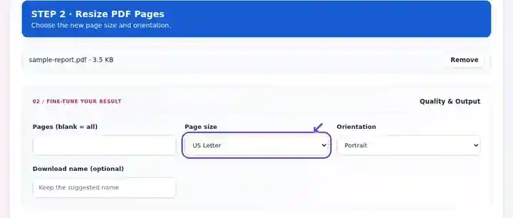 Resize PDF Pages, step 2: Set Page size, any custom dimensions and Portrait or Landscape orientation.