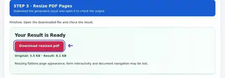 Resize PDF Pages, step 3: Download the resized PDF and check dimensions, small text and unused space.