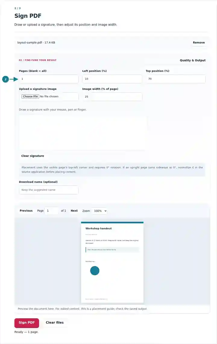 Sign PDF, step 2: Draw or upload a signature, then adjust its position and image width.