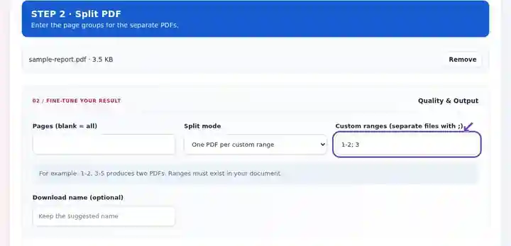 Split PDF, step 2: Select the split mode; semicolons separate custom groups such as 1-3; 4-6.