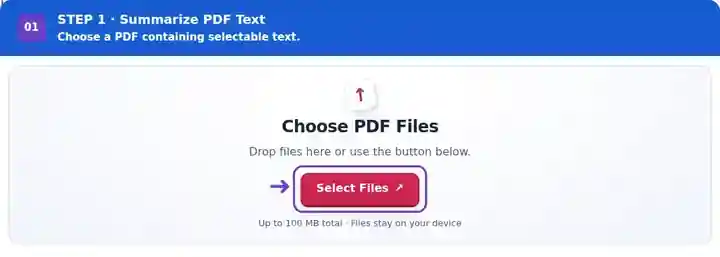Summarize PDF Text, step 1: Choose a PDF with a readable text layer.