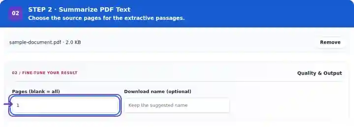 Summarize PDF Text, step 2: Choose the pages to include in the source-passage selection.
