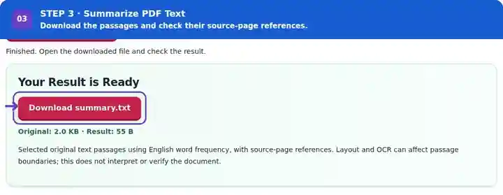 Summarize PDF Text, step 3: Download the TXT summary, follow its page references and read each passage in context.