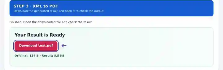 XML to PDF, step 3: Download the PDF listing and check visible markup, line wrapping and text selection.