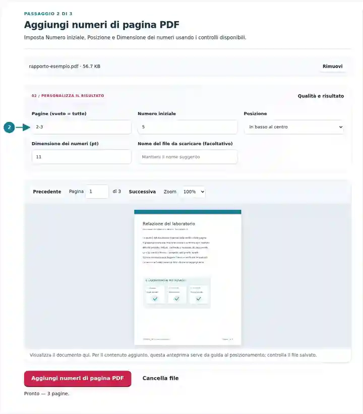 Aggiungi numeri di pagina PDF, passaggio 2: Imposta Numero iniziale, Posizione e Dimensione dei numeri usando i controlli disponibili.