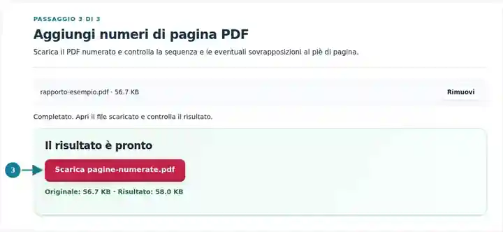 Aggiungi numeri di pagina PDF, passaggio 3: Scarica il PDF numerato e controlla la sequenza e le eventuali sovrapposizioni al piè di pagina.