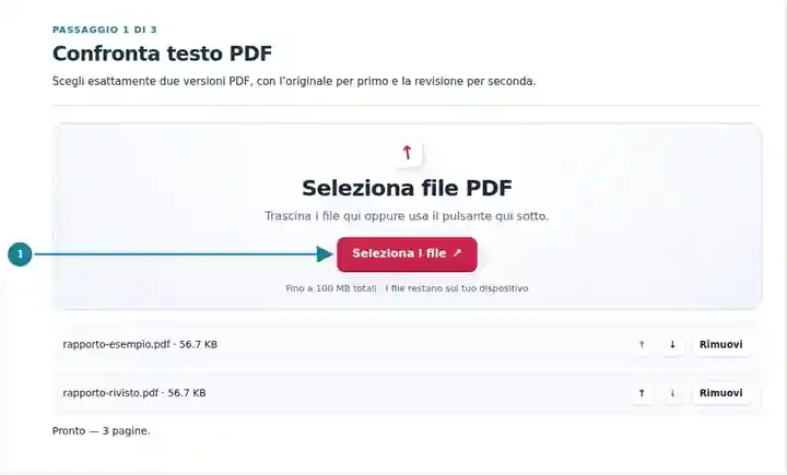 Confronta testo PDF, passaggio 1: Scegli esattamente due versioni PDF, con l’originale per primo e la revisione per seconda.