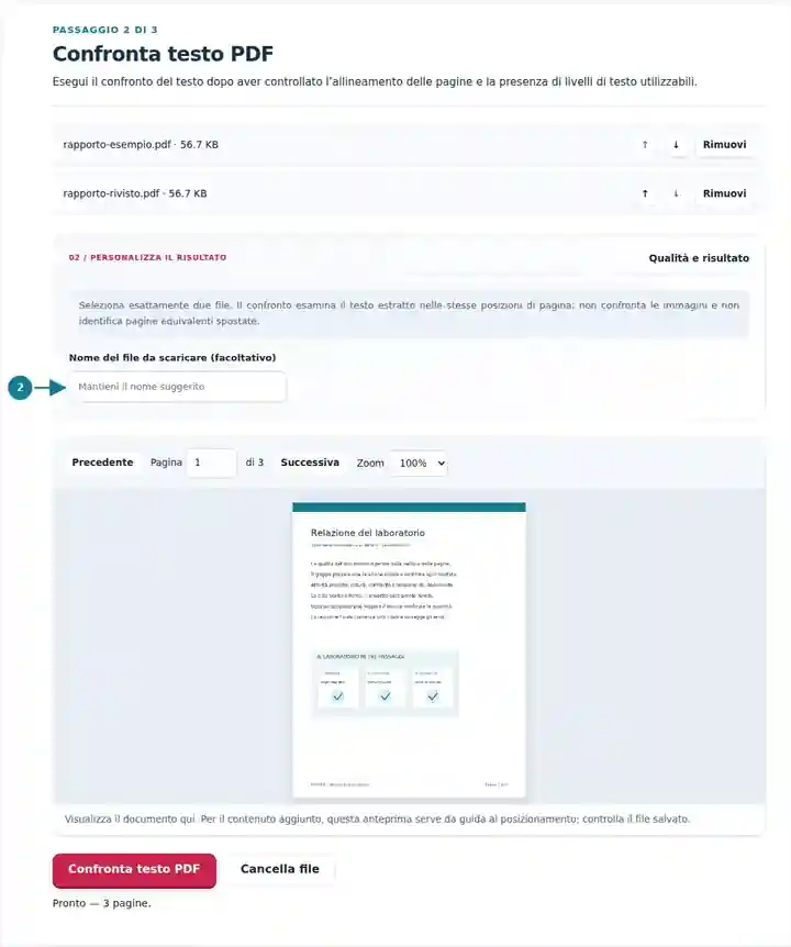 Confronta testo PDF, passaggio 2: Esegui il confronto del testo dopo aver controllato l’allineamento delle pagine e la presenza di livelli di testo utilizzabili.