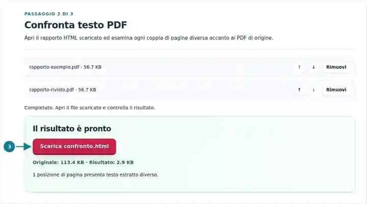 Confronta testo PDF, passaggio 3: Apri il rapporto HTML scaricato ed esamina ogni coppia di pagine diversa accanto ai PDF di origine.