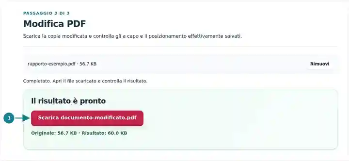 Modifica PDF, passaggio 3: Scarica la copia modificata e controlla gli a capo e il posizionamento effettivamente salvati.