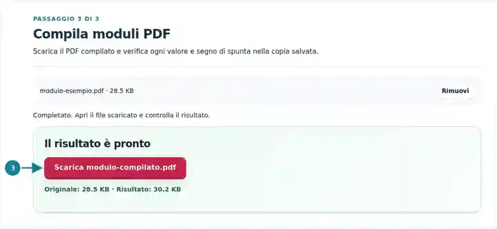 Compila moduli PDF, passaggio 3: Scarica il PDF compilato e verifica ogni valore e segno di spunta nella copia salvata.