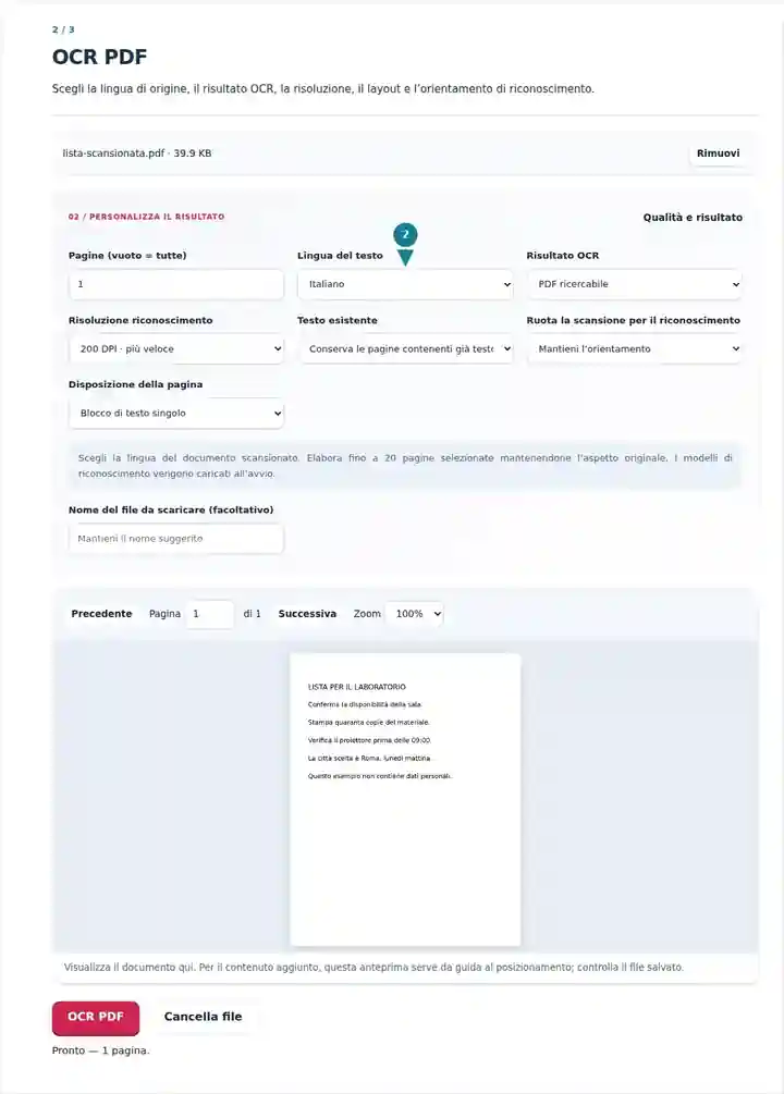 OCR PDF, passaggio 2: Scegli la lingua di origine, il risultato OCR, la risoluzione, il layout e l’orientamento di riconoscimento.