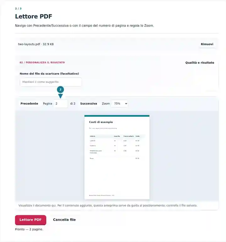 Lettore PDF, passaggio 2: Naviga con Precedente/Successiva o con il campo del numero di pagina e regola lo Zoom.
