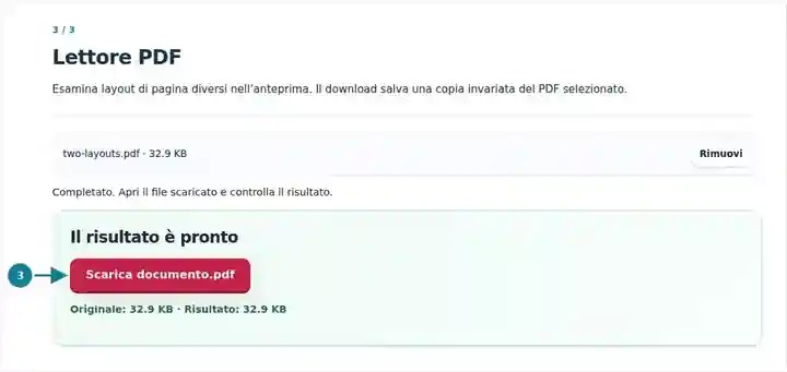 Lettore PDF, passaggio 3: Esamina layout di pagina diversi nell’anteprima. Il download salva una copia invariata del PDF selezionato.