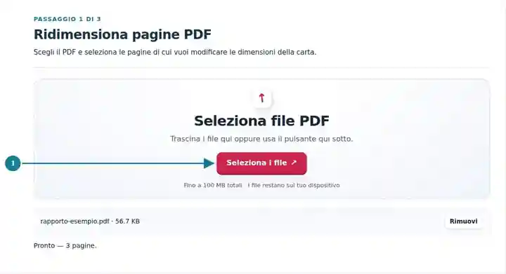 Ridimensiona pagine PDF, passaggio 1: Scegli il PDF e seleziona le pagine di cui vuoi modificare le dimensioni della carta.