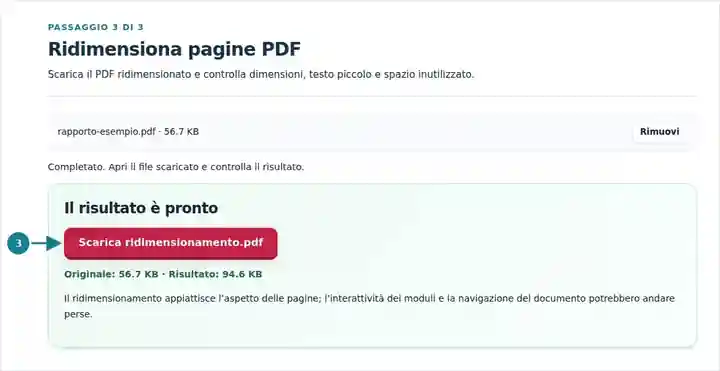Ridimensiona pagine PDF, passaggio 3: Scarica il PDF ridimensionato e controlla dimensioni, testo piccolo e spazio inutilizzato.