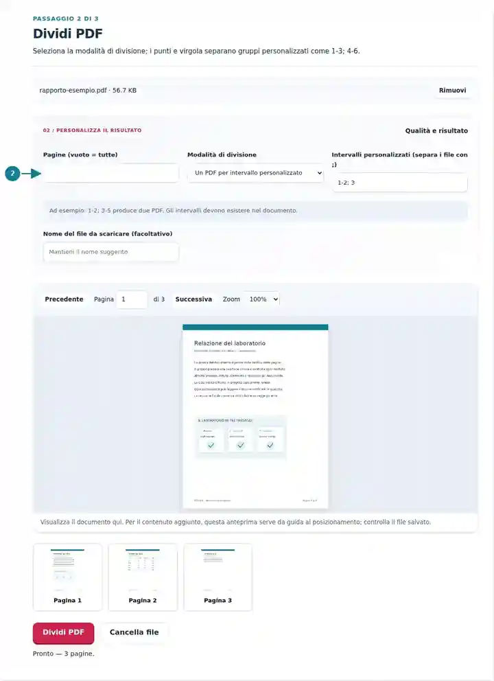 Dividi PDF, passaggio 2: Seleziona la modalità di divisione; i punti e virgola separano gruppi personalizzati come 1-3; 4-6.