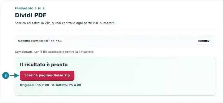 Dividi PDF, passaggio 3: Scarica ed estrai lo ZIP, quindi controlla ogni parte PDF numerata.
