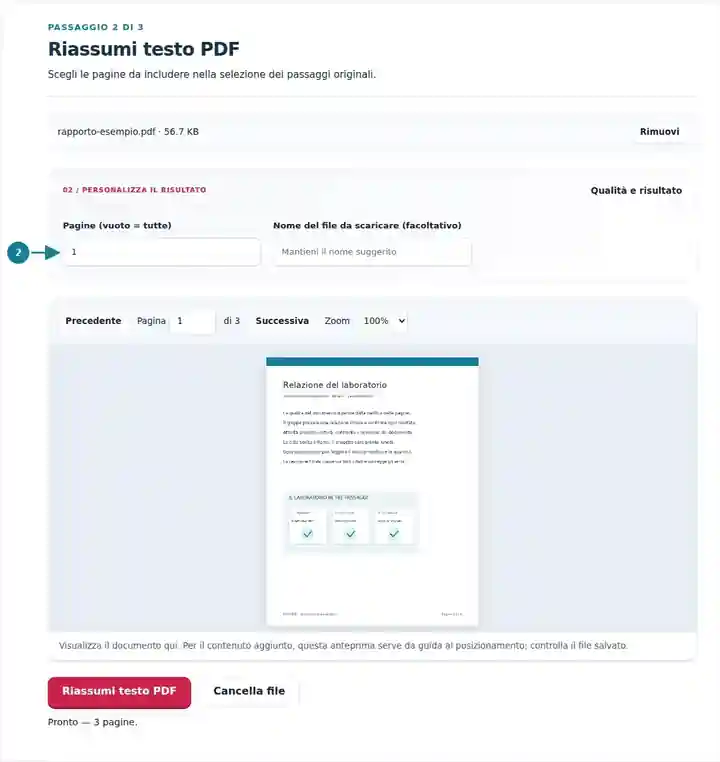 Riassumi testo PDF, passaggio 2: Scegli le pagine da includere nella selezione dei passaggi originali.