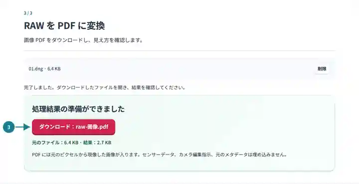 RAW から PDF への変換:画像変換完了と PDF のダウンロード。