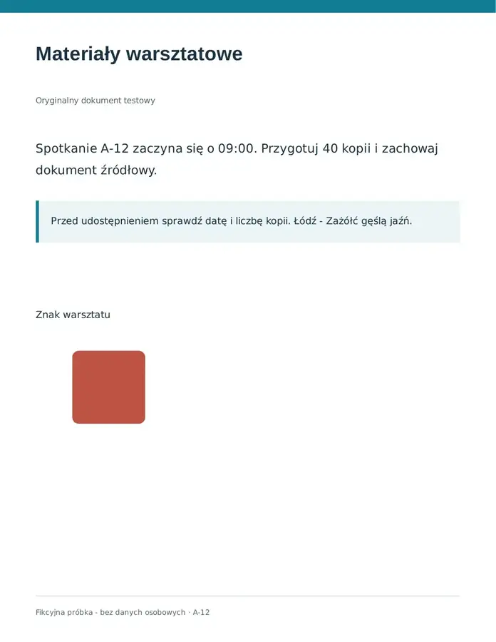 Rzeczywisty drugi PDF z niezmienionym tekstem i czerwonym kwadratem zamiast koła.