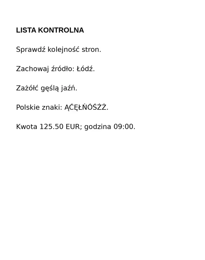 Rzeczywista obrazowa lista kontrolna przed OCR bez warstwy tekstu, który można zaznaczyć.