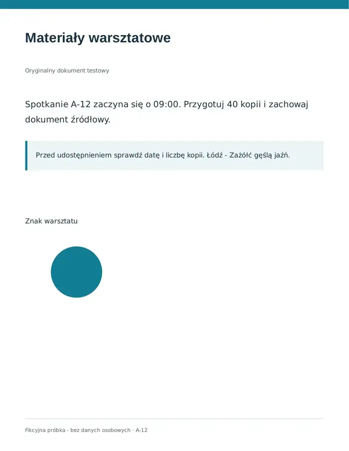 Rzeczywisty pierwszy PDF z turkusowym kołem pod tekstem.
