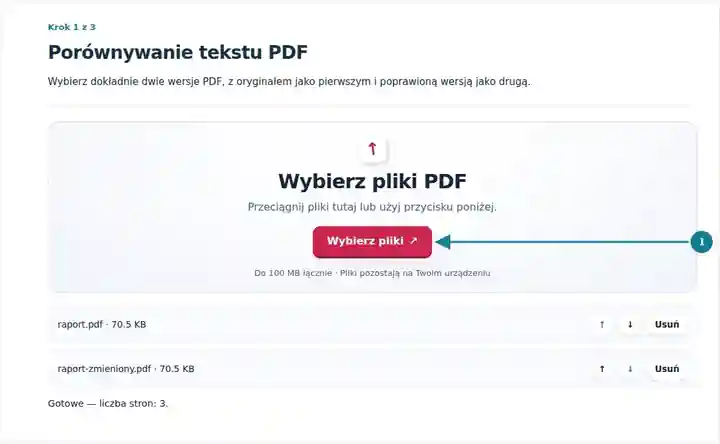 Porównywanie tekstu PDF, krok 1: Wybierz dokładnie dwie wersje PDF, z oryginałem jako pierwszym i poprawioną wersją jako drugą.