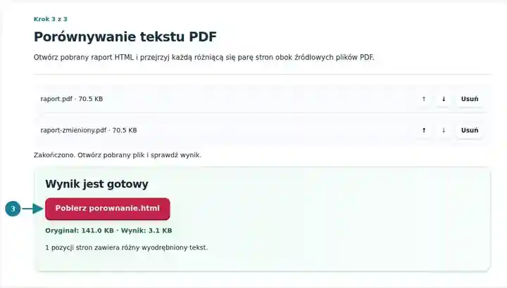 Porównywanie tekstu PDF, krok 3: Otwórz pobrany raport HTML i przejrzyj każdą różniącą się parę stron obok źródłowych plików PDF.