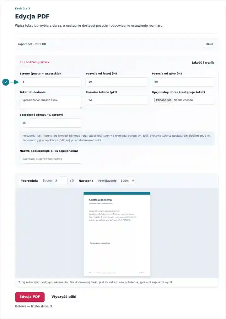 Edycja PDF, krok 2: Wpisz tekst lub wybierz obraz, a następnie dostosuj pozycję i odpowiednie ustawienie rozmiaru.