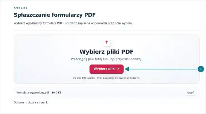 Spłaszczanie formularzy PDF, krok 1: Wybierz wypełniony formularz PDF i sprawdź zapisane odpowiedzi oraz pola wyboru.