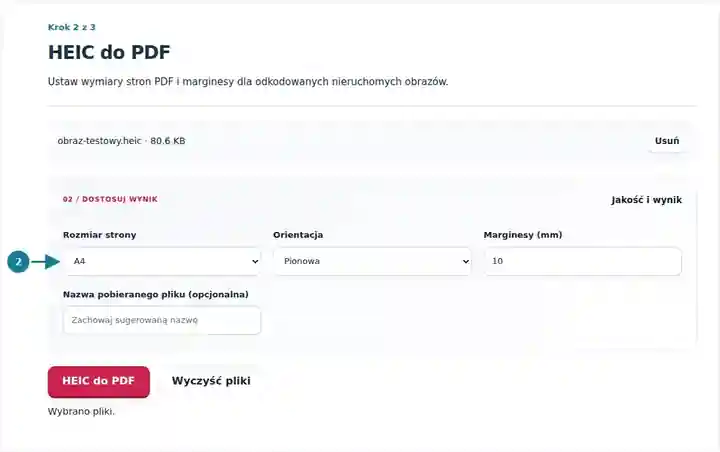 HEIC do PDF, krok 2: Ustaw wymiary stron PDF i marginesy dla odkodowanych nieruchomych obrazów.