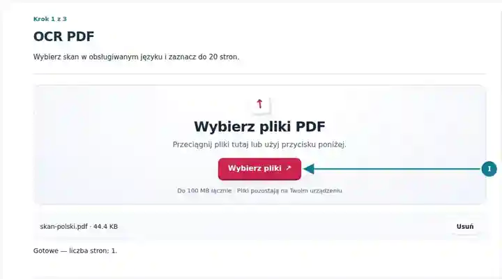 OCR PDF, krok 1: Wybierz skan w obsługiwanym języku i zaznacz do 20 stron.