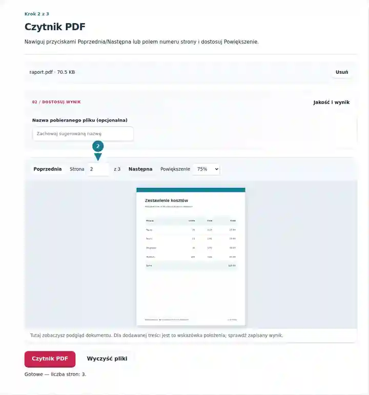 Czytnik PDF, krok 2: Nawiguj przyciskami Poprzednia/Następna lub polem numeru strony i dostosuj Powiększenie.