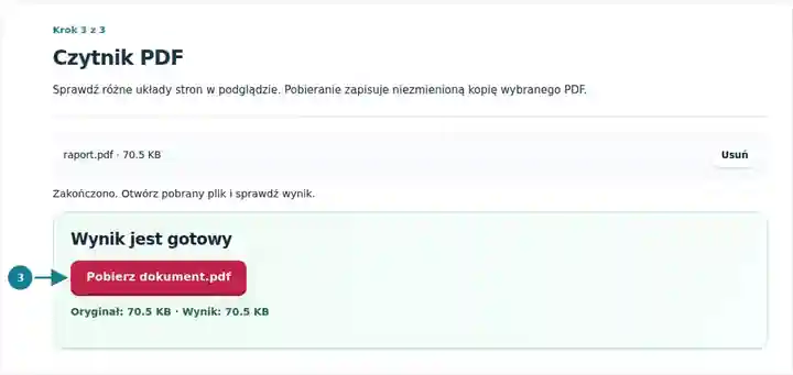 Czytnik PDF, krok 3: Sprawdź różne układy stron w podglądzie. Pobieranie zapisuje niezmienioną kopię wybranego PDF.
