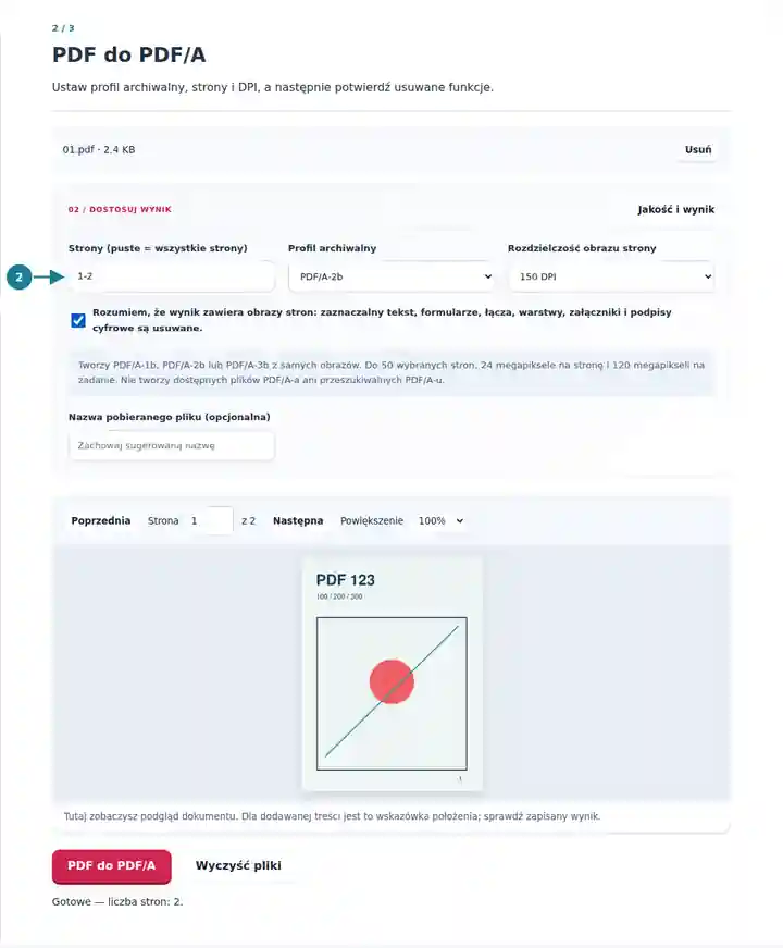 PDF do PDF/A: ustawienia wyboru profilu, rozdzielczości obrazu i potwierdzenia.