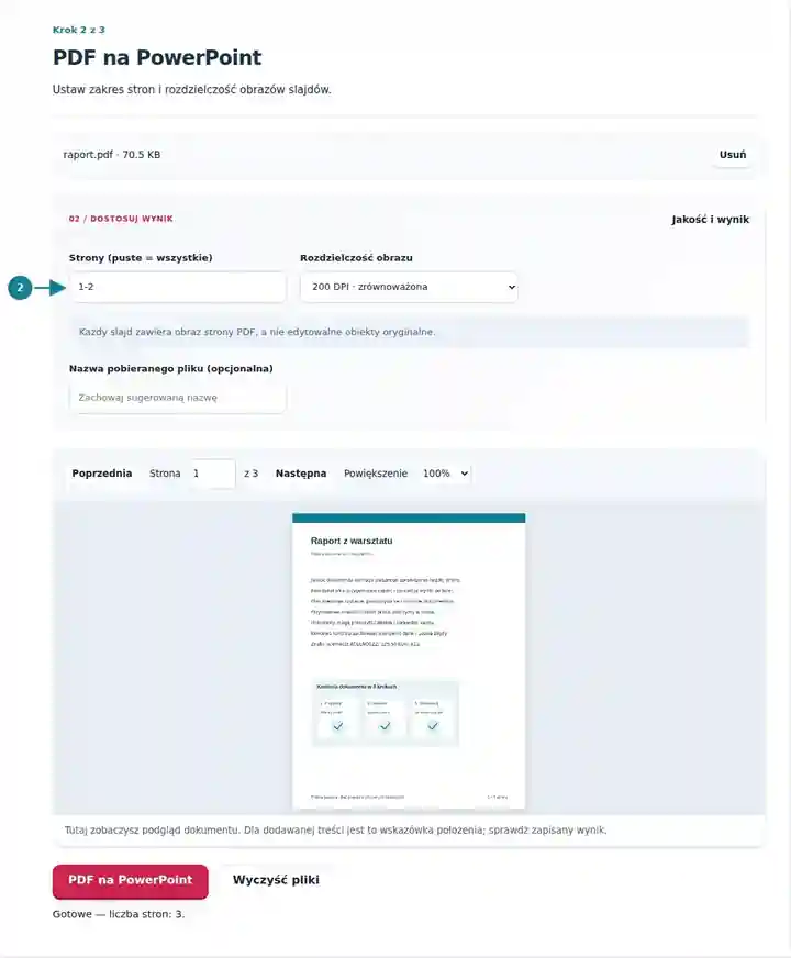 PDF na PowerPoint, krok 2: Ustaw zakres stron i rozdzielczość obrazów slajdów.