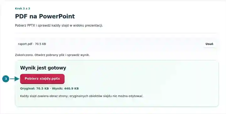 PDF na PowerPoint, krok 3: Pobierz PPTX i sprawdź każdy slajd w widoku prezentacji.