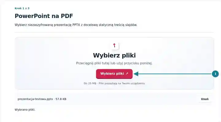 PowerPoint na PDF, krok 1: Wybierz niezaszyfrowaną prezentację PPTX z docelową statyczną treścią slajdów.