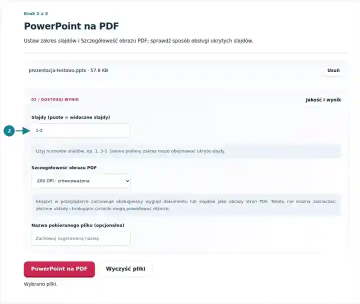 PowerPoint na PDF, krok 2: Ustaw zakres slajdów i Szczegółowość obrazu PDF; sprawdź sposób obsługi ukrytych slajdów.