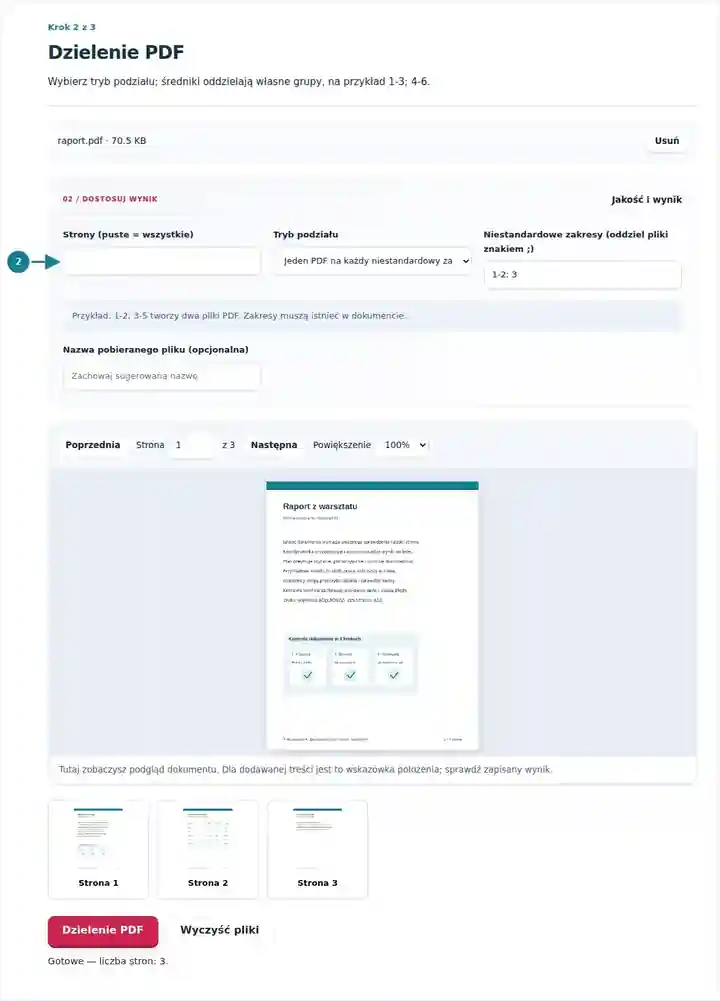 Dzielenie PDF, krok 2: Wybierz tryb podziału; średniki oddzielają własne grupy, na przykład 1-3; 4-6.