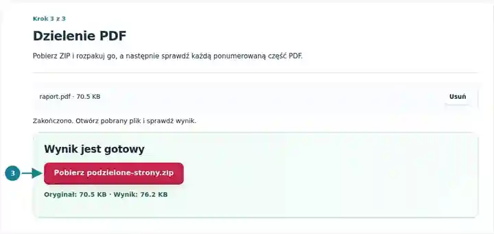 Dzielenie PDF, krok 3: Pobierz ZIP i rozpakuj go, a następnie sprawdź każdą ponumerowaną część PDF.