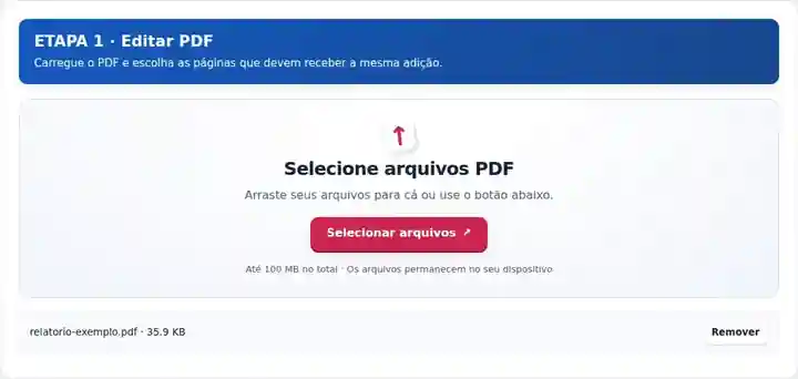 Editar PDF, etapa 1: Carregue o PDF e escolha as páginas que devem receber a mesma adição.