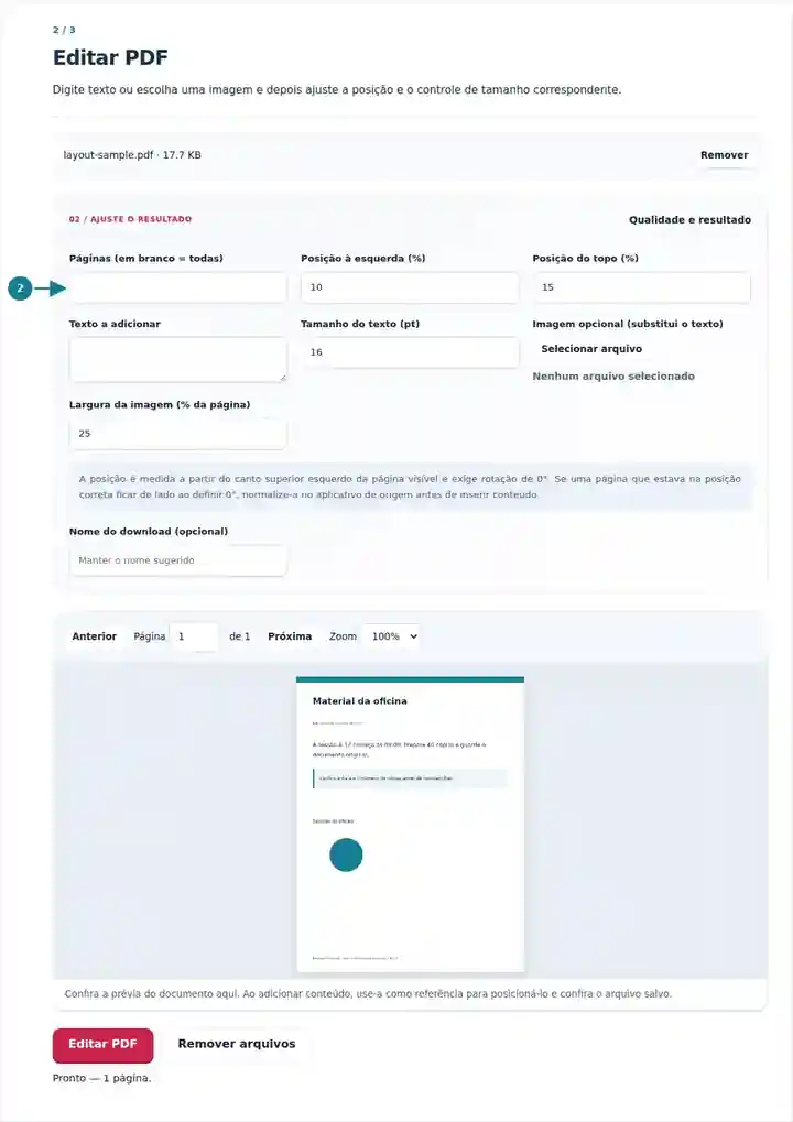 Editar PDF, etapa 2: Digite texto ou escolha uma imagem e depois ajuste a posição e o controle de tamanho correspondente.